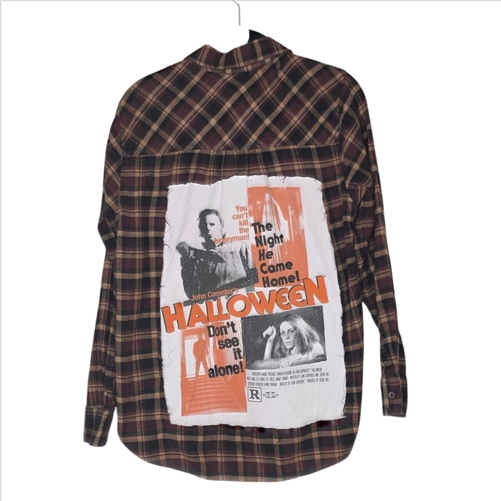 Boneyard Threadz Burgandy & Plaid Flannel Original Halloween Graphic Size Small